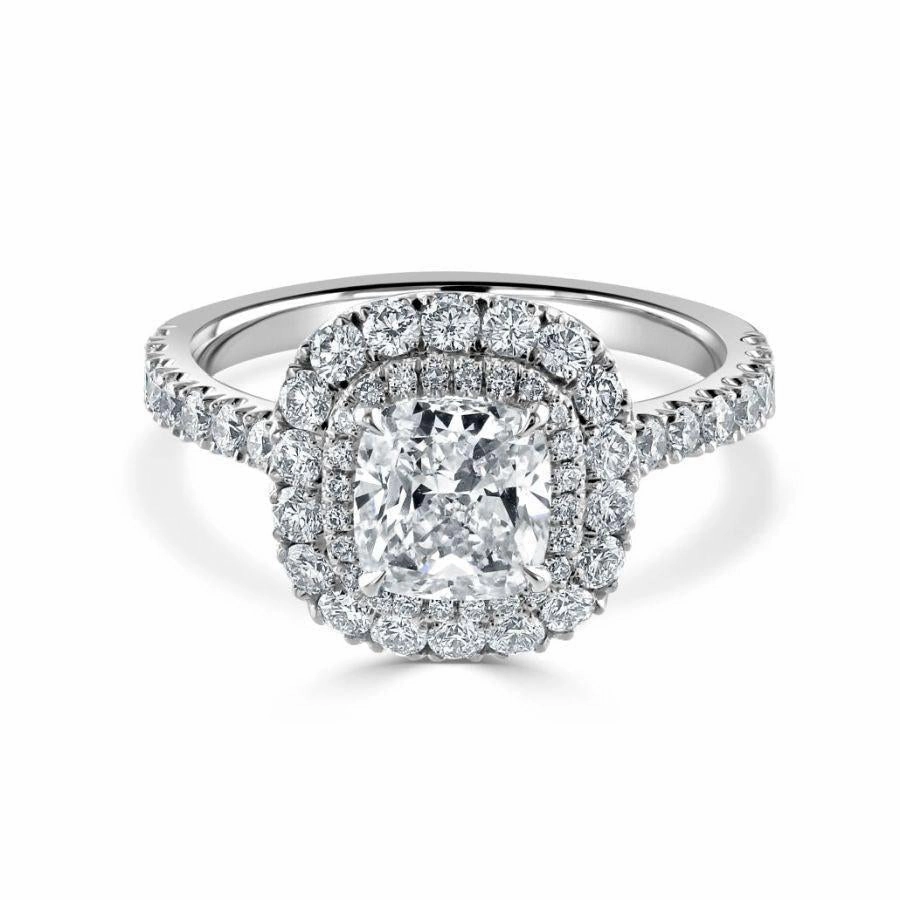 Platinum Cushion Shaped Diamond Double Halo Cluster Ring with Diamond Shoulders texture-diamond  