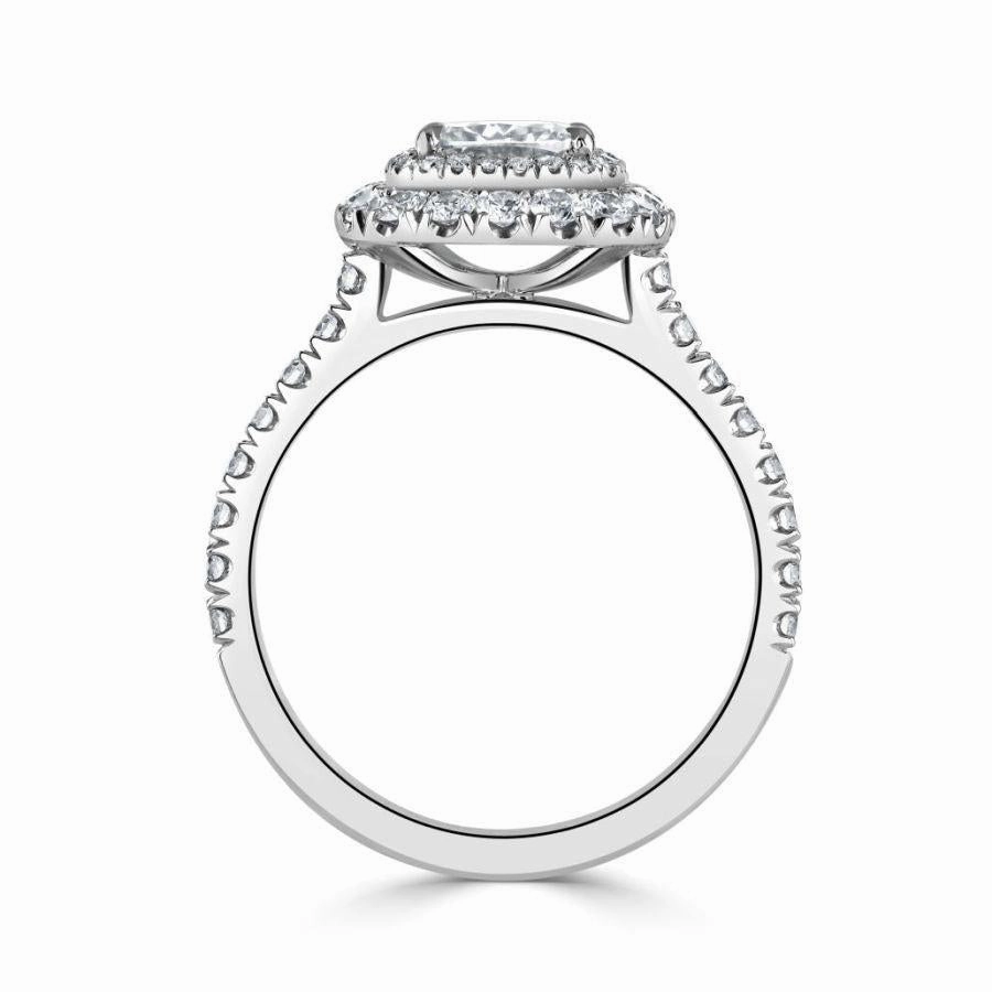Platinum Cushion Shaped Diamond Double Halo Cluster Ring with Diamond Shoulders