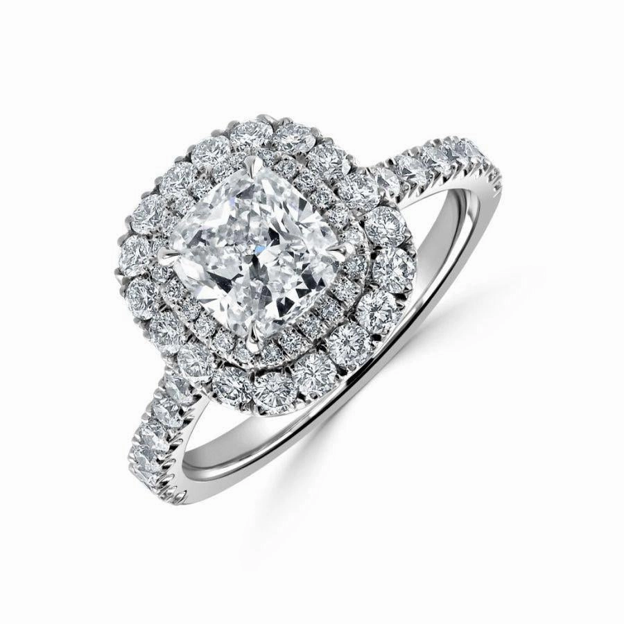 Platinum Cushion Shaped Diamond Double Halo Cluster Ring with Diamond Shoulders