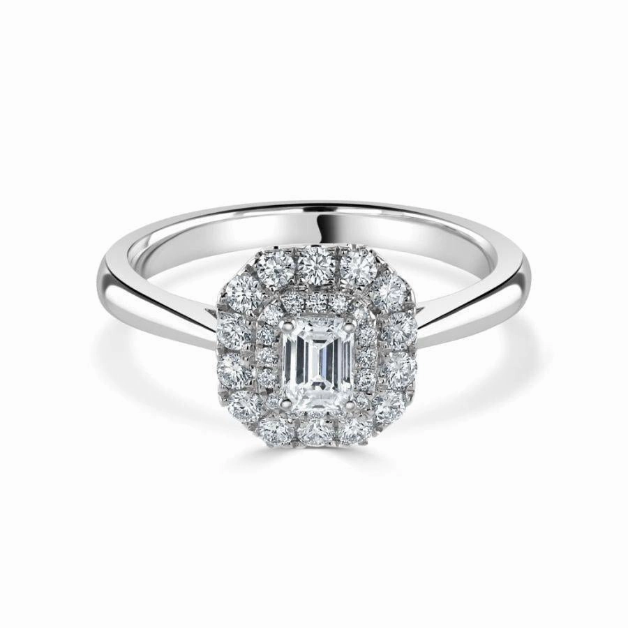 Platinum Emerald Cut Diamond Double Halo Cluster Ring texture-diamond  