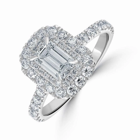 Platinum Emerald Cut Diamond Double Halo Cluster Ring with Diamond Shoulders texture-diamond  