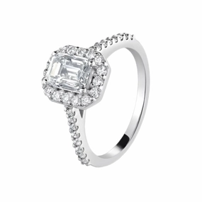 Platinum Emerald Cut Diamond Halo Cluster Ring with Diamond Shoulders texture-diamond  