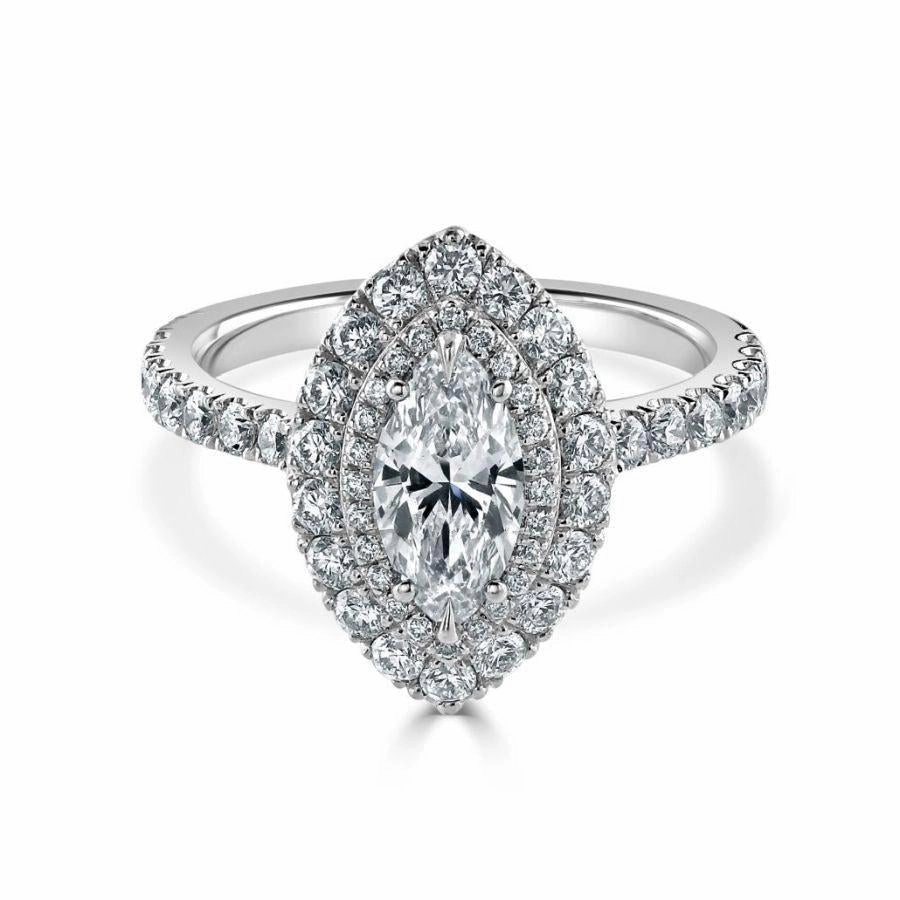 Platinum Marquise-Shaped Diamond Double Halo Cluster Ring with Diamond Shoulders texture-diamond  