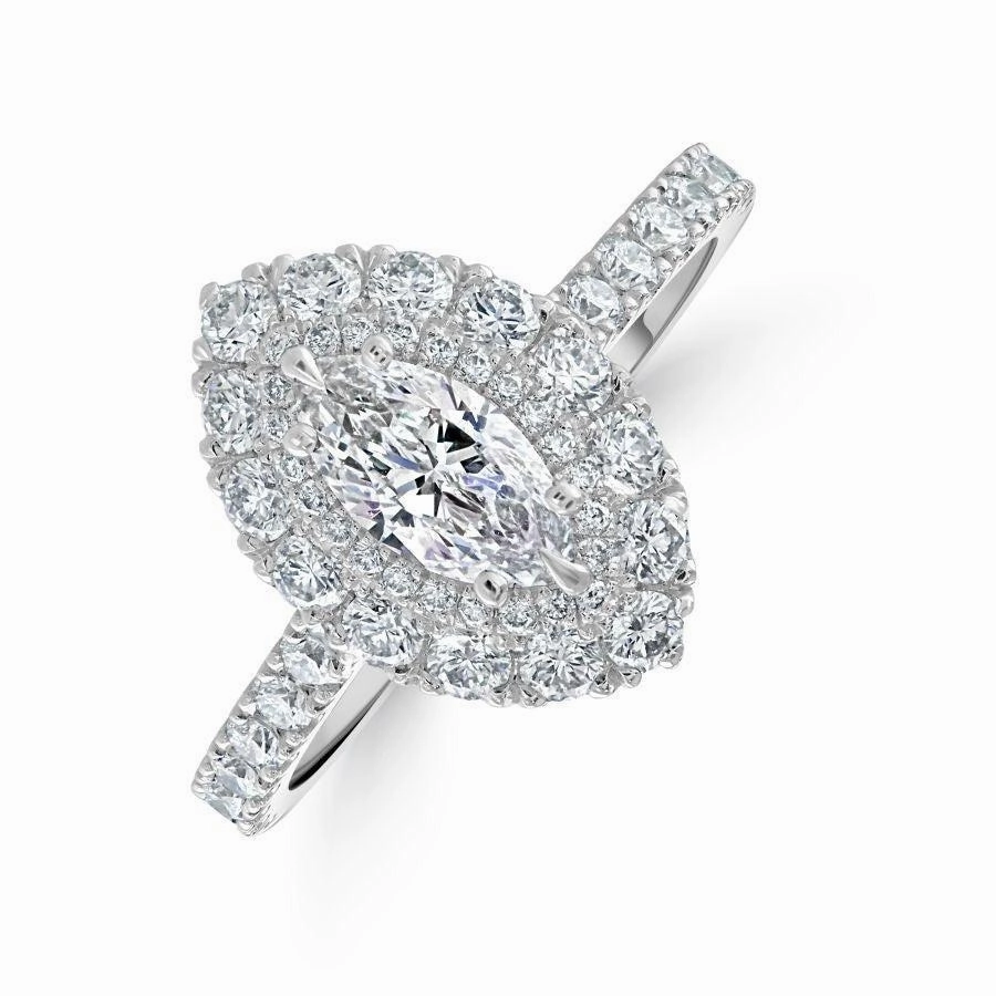 Platinum Marquise-Shaped Diamond Double Halo Cluster Ring with Diamond Shoulders texture-diamond  