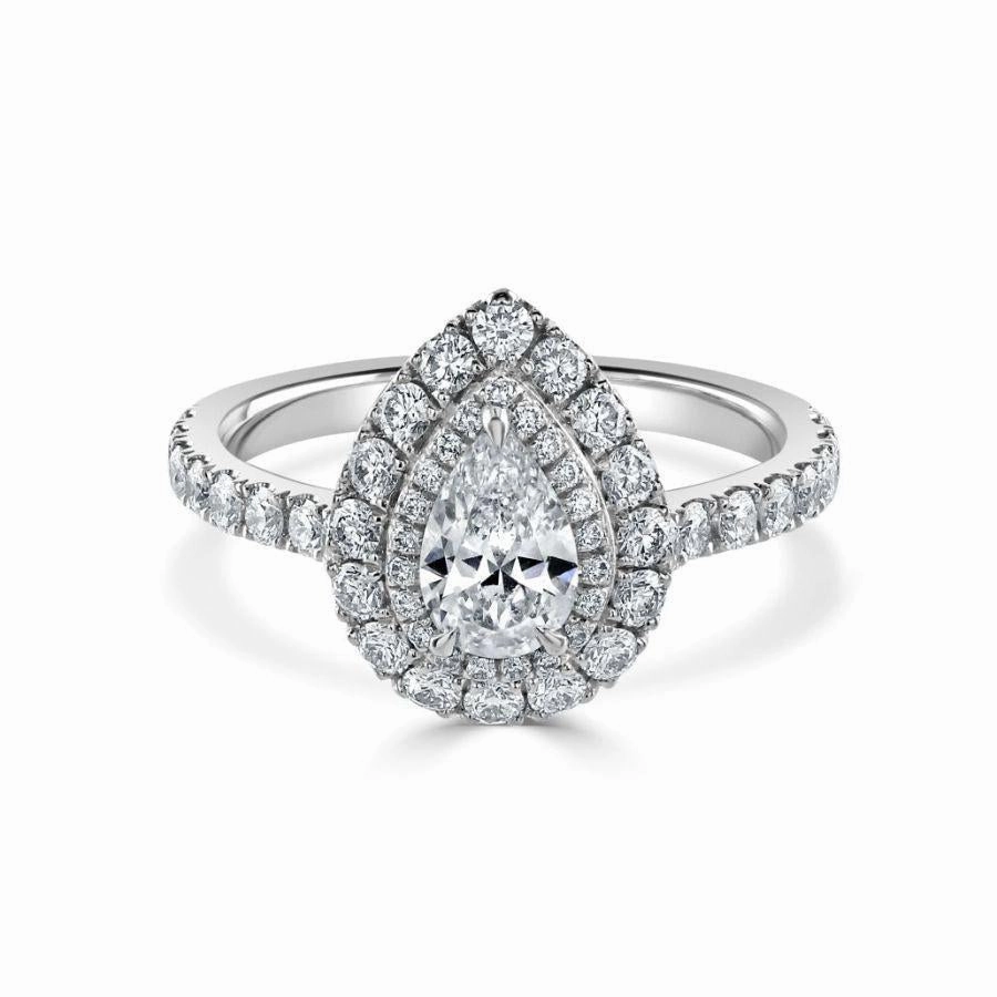 Platinum Pear Shaped Diamond Double Halo Cluster Ring with Diamond Shoulders texture-diamond  