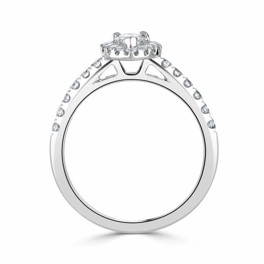 Platinum Pear Shaped Halo Cluster Ring with Diamond Shoulders