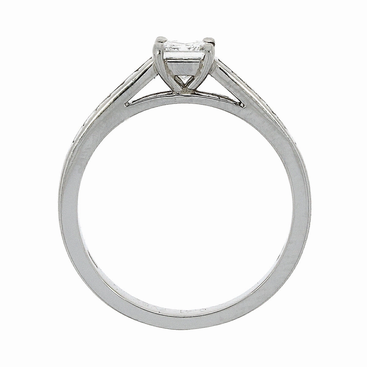 Platinum princess cut claw set diamond with channel set princess cut diamond shoulders ring