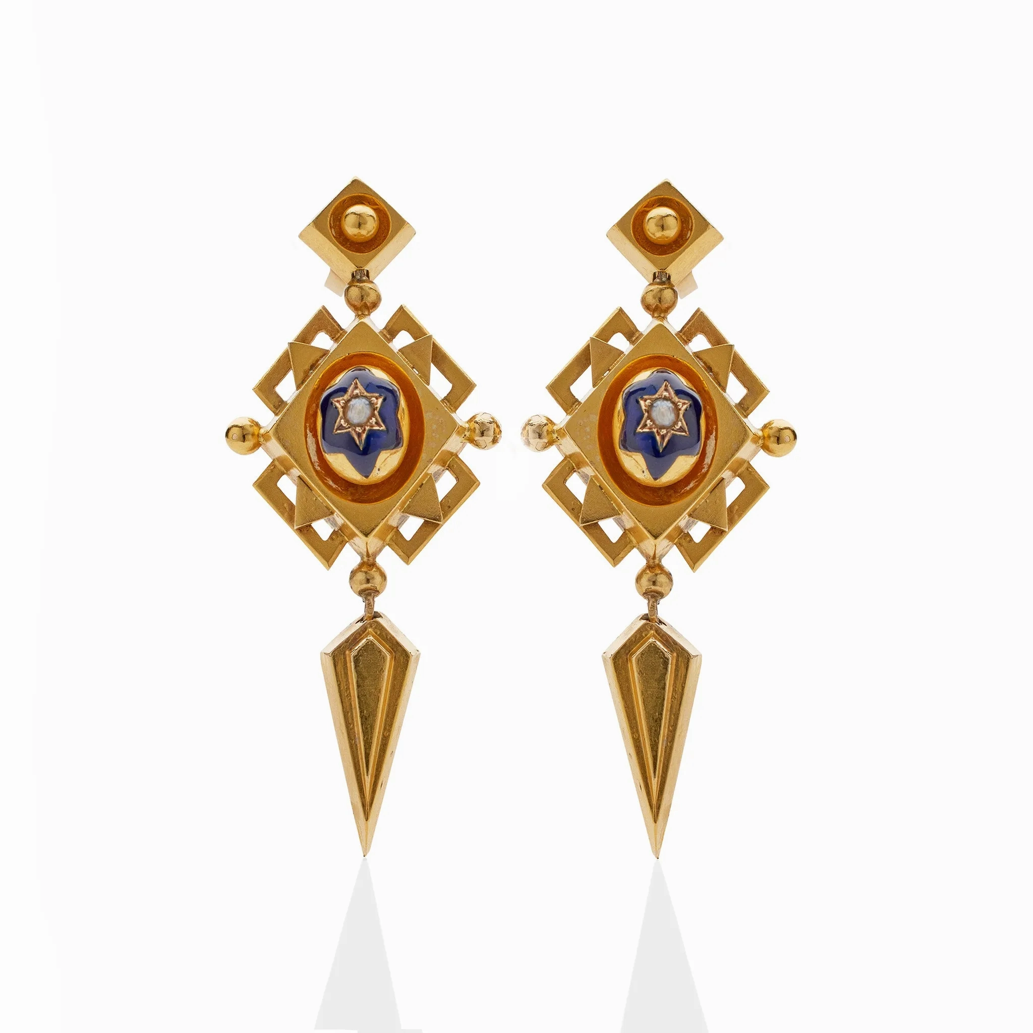 Polychrome Enamel 18K Gold Geometric Pendant Earrings
