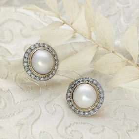 Pre-loved Large Mabe Pearl Diamond, Silver & Gold Earrings texture-pearl  
