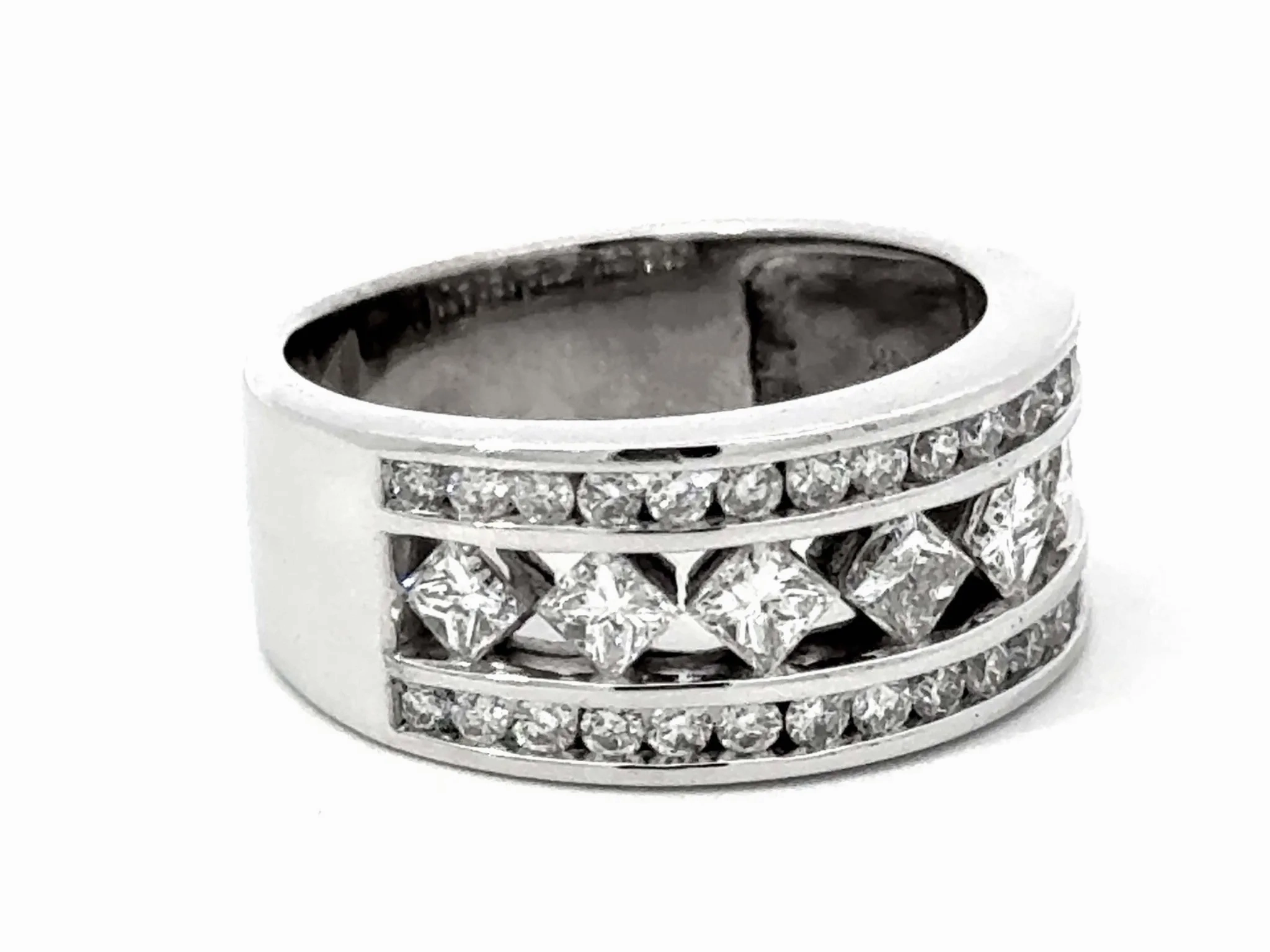 Princess Cut and Brilliant Cut Wide Diamond Band Ring 14k White Gold