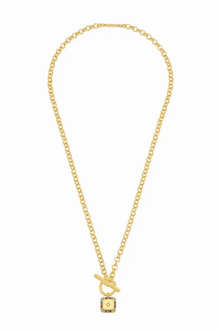 Rainbow Square Paperclip Link T-Bar Necklace