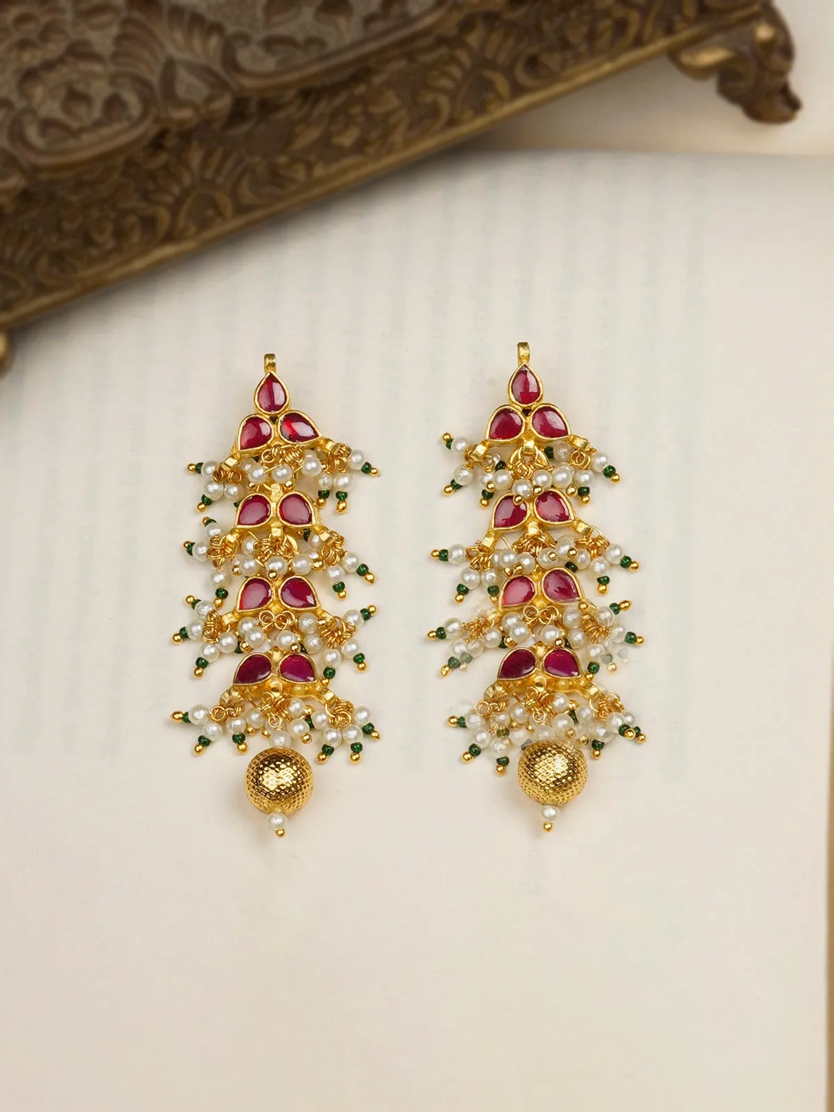 Red Color Gold Plated Jadau Kundan Earrings - ME708R