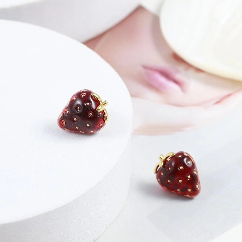 Red Resin Stereo Strawberry Stud For Girls