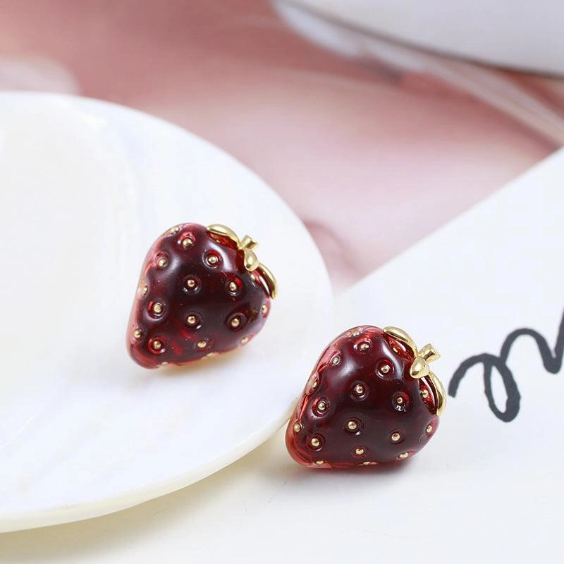 Red Resin Stereo Strawberry Stud For Girls