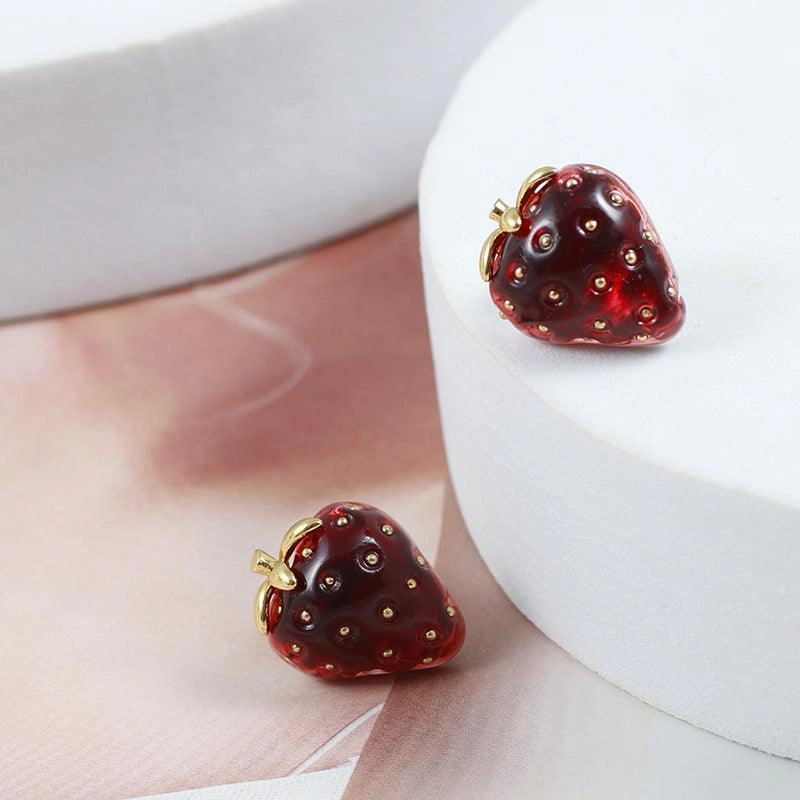 Red Resin Stereo Strawberry Stud For Girls