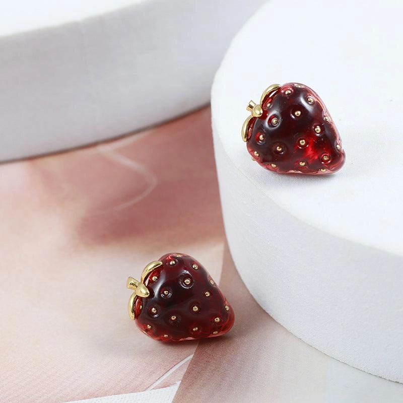 Red Resin Stereo Strawberry Stud For Girls