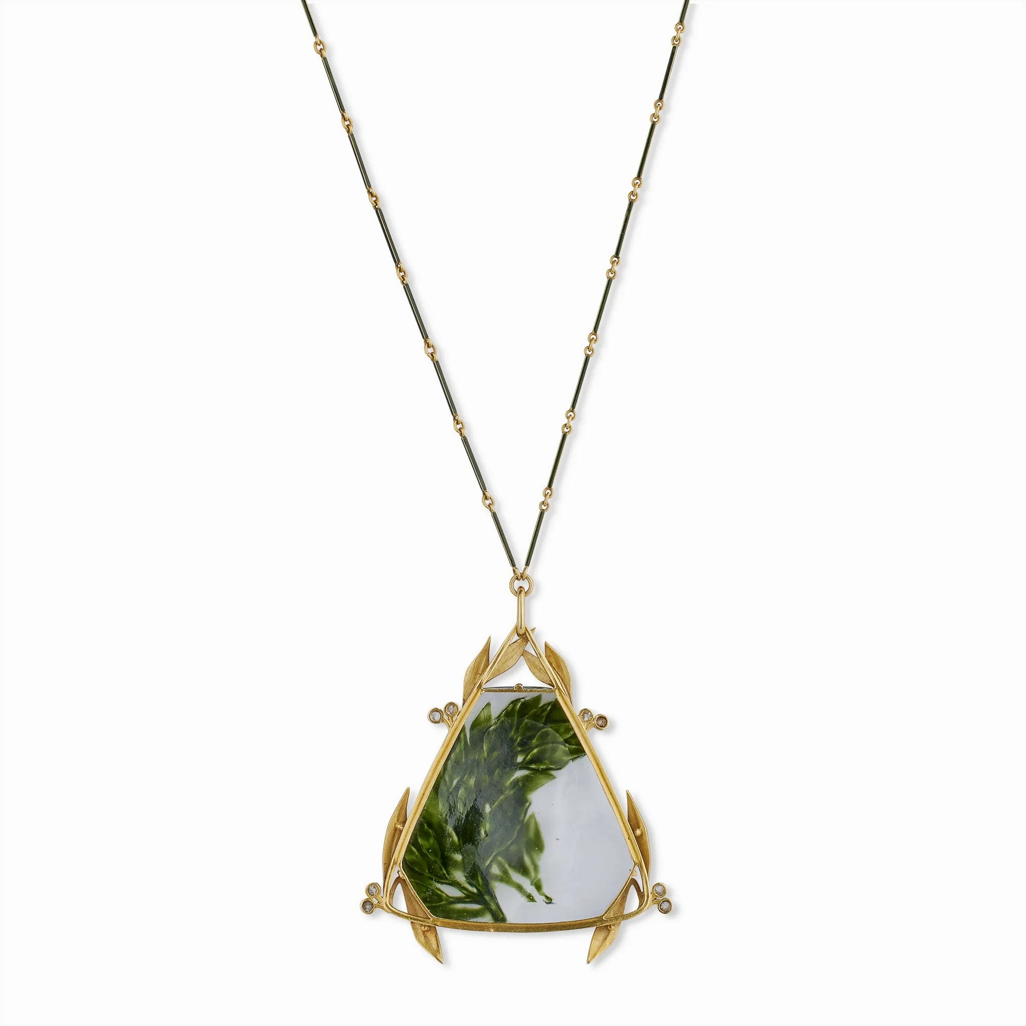 Ren?? Lalique Art Nouveau Crystal, Enamel and Diamond Pendant Necklace
