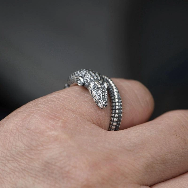 Retro Matte Craft Adjustable Ornament Crocodile Silver Ring 