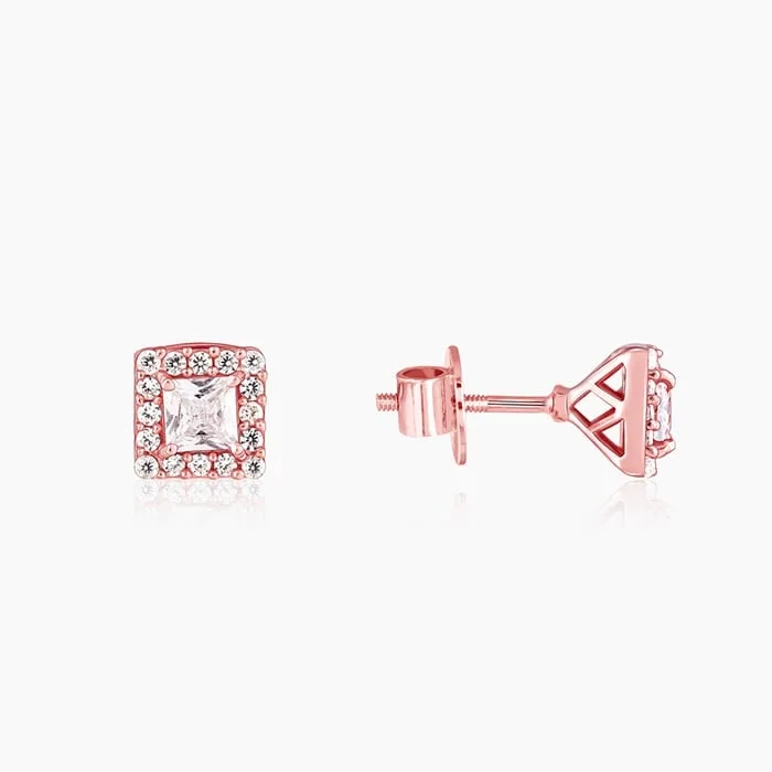 Rose Gold Zircon Square Halo Earrings