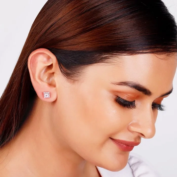 Rose Gold Zircon Square Halo Earrings