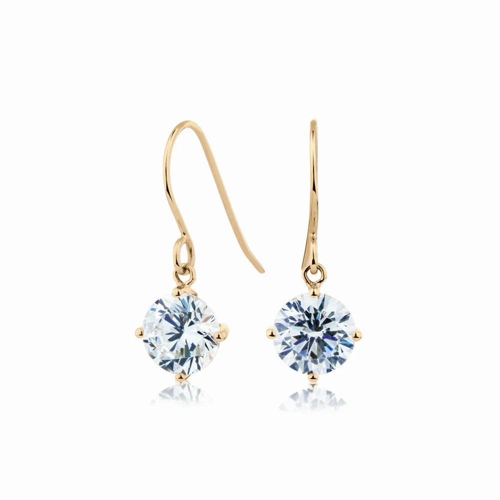 Round Brilliant drop earrings with 2 carats* of diamond simulants in 10 carat yellow gold