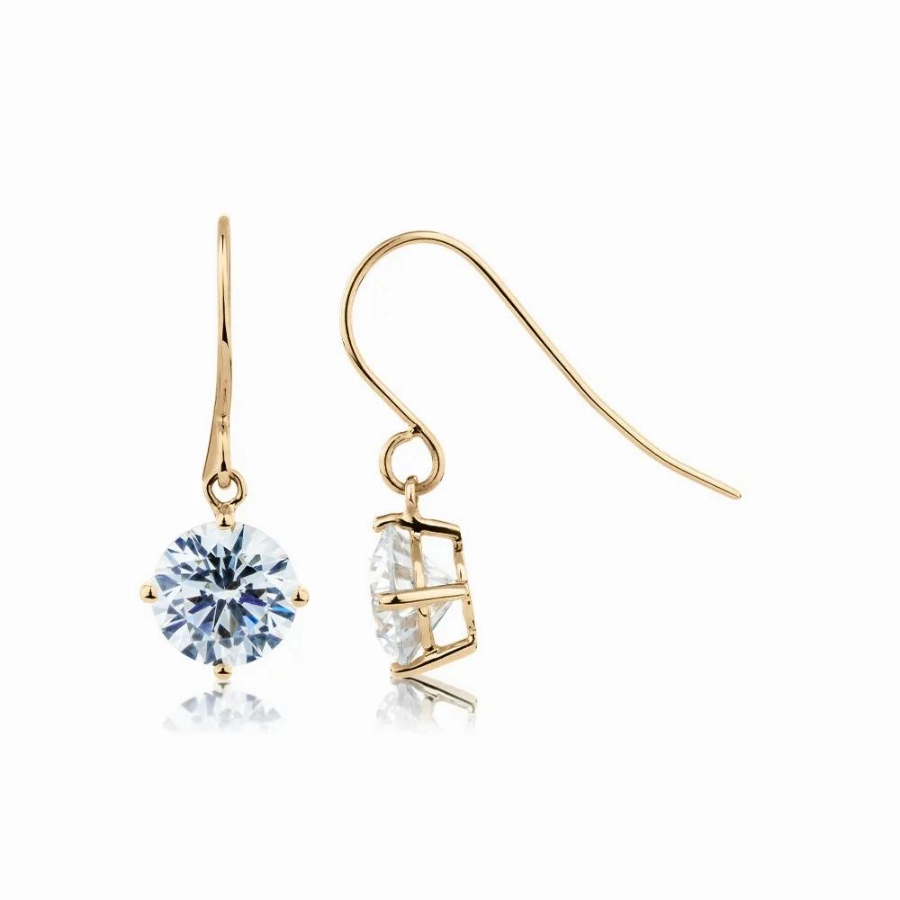 Round Brilliant drop earrings with 2 carats* of diamond simulants in 10 carat yellow gold