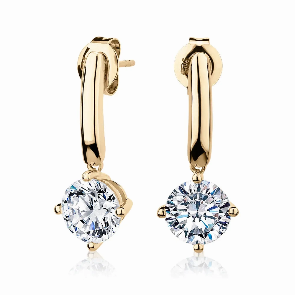 Round Brilliant drop earrings with 3.34 carats* of diamond simulants in 10 carat yellow gold