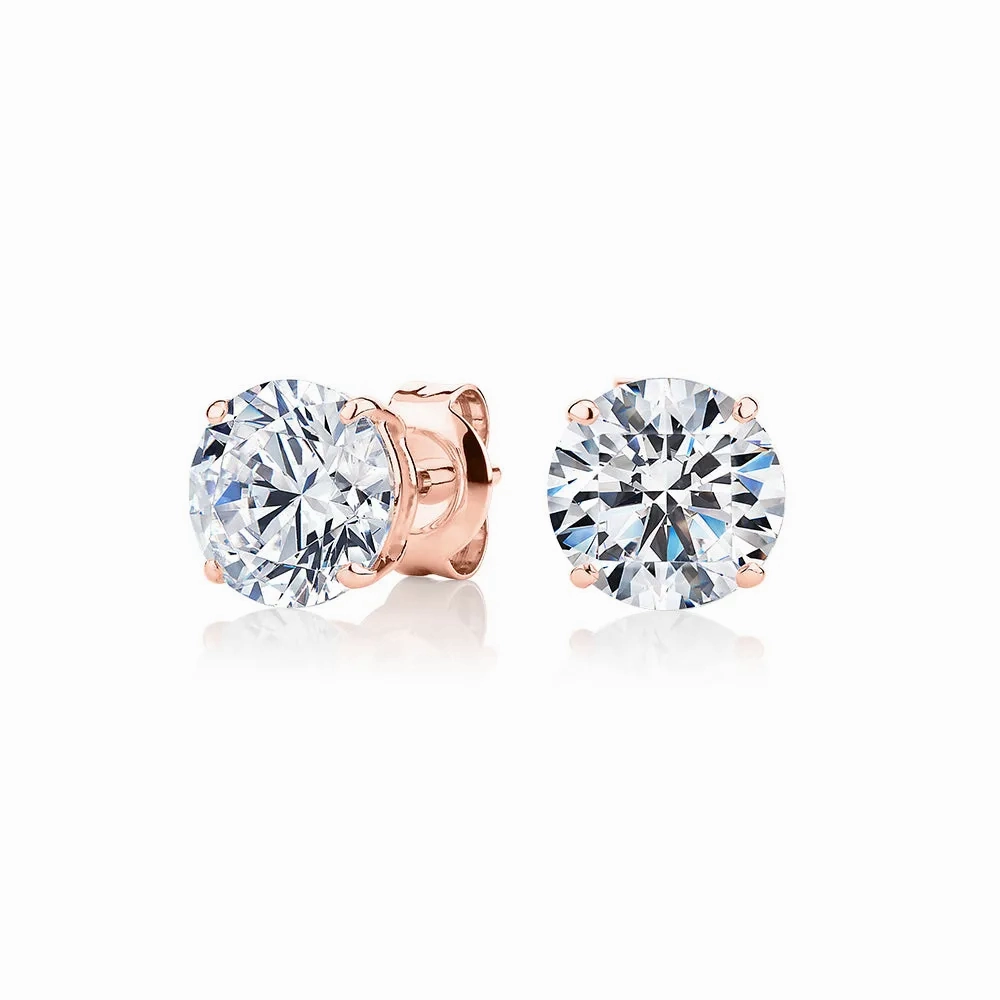 Round Brilliant stud earrings with 3 carats* of diamond simulants in 10 carat rose gold