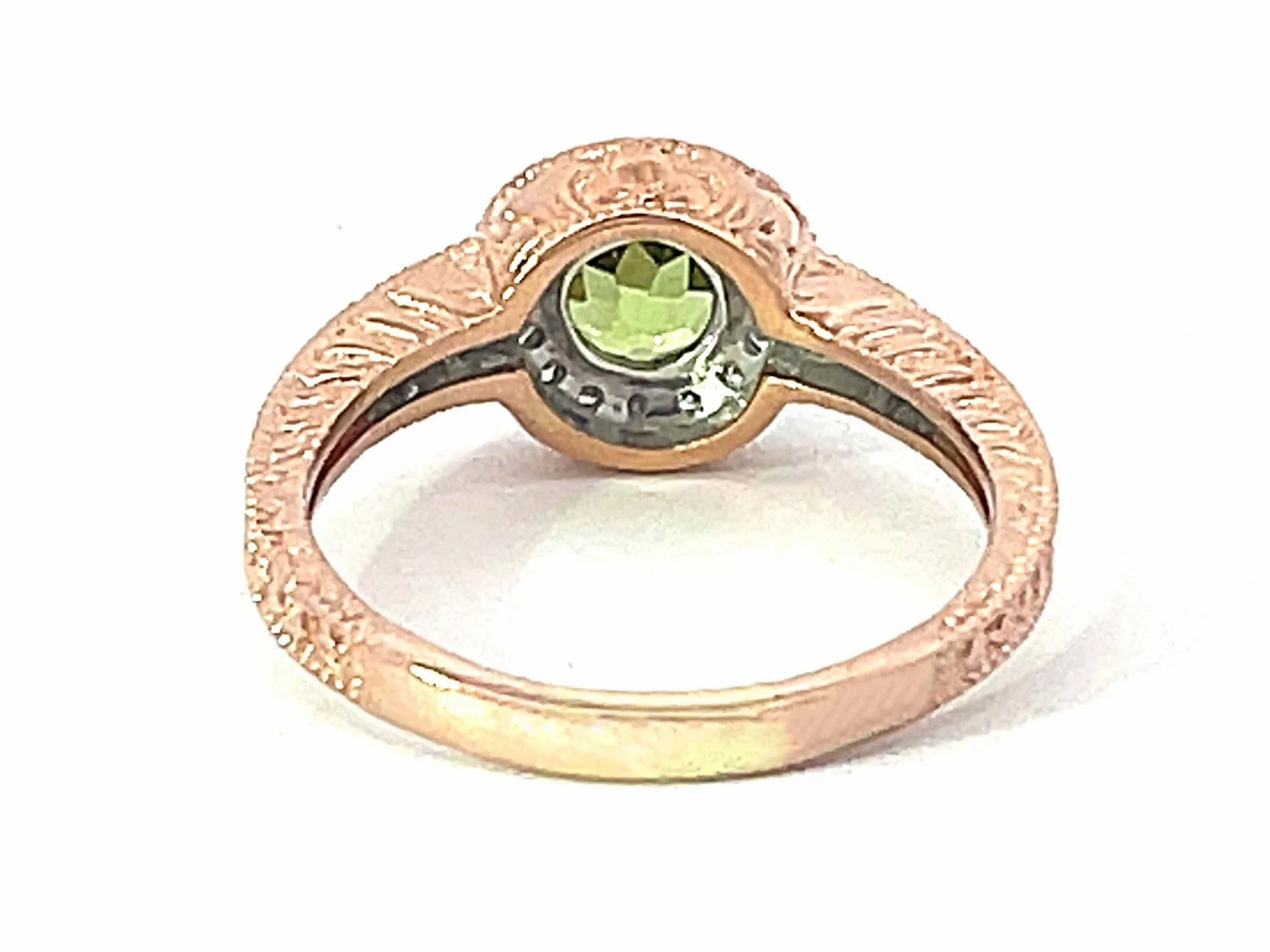 Round Green Peridot and Diamond Halo Ring in 14k Pink Gold