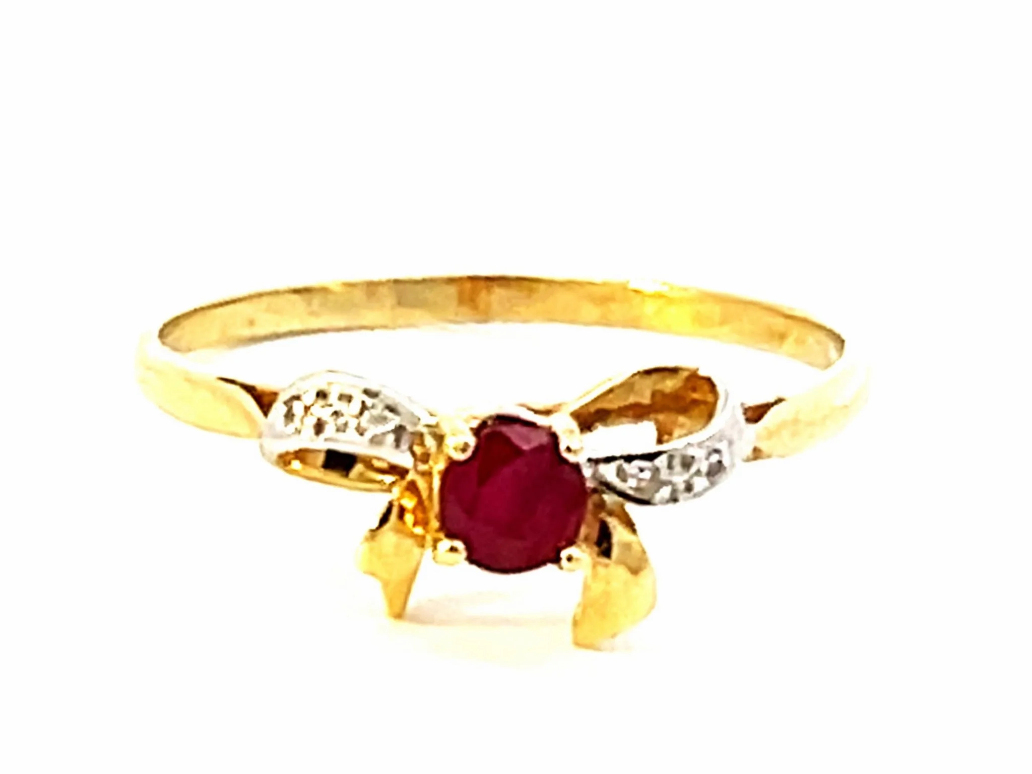 Round Red Ruby Bowtie Diamond Ring in 14k Yellow Gold
