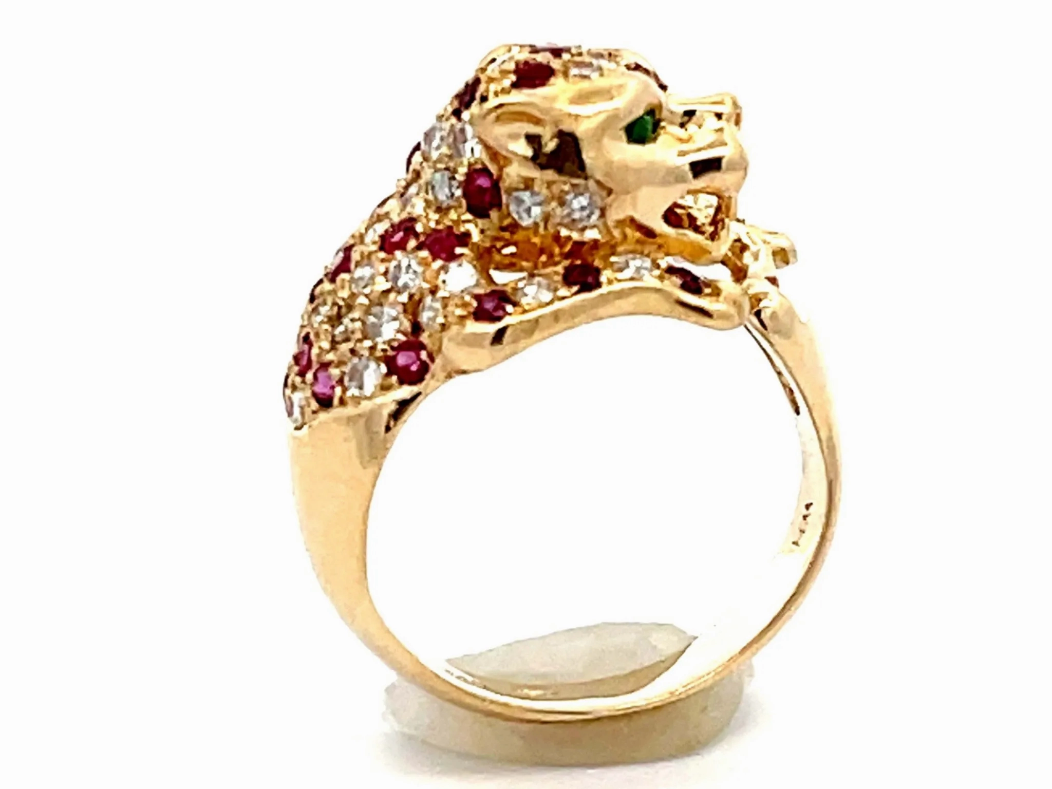 Ruby Diamond Emerald Eye Jaguar Ring 14k Yellow Gold