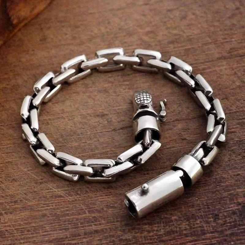 S925 Pure Silver Bolt Bracelet Interlocking Retro