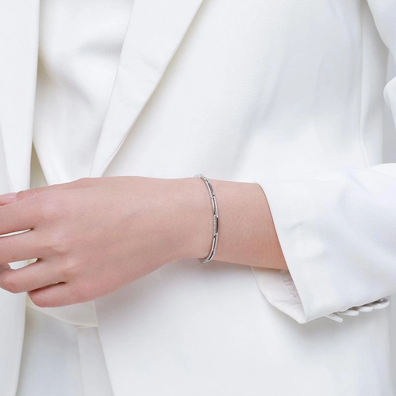 S925 Silver Bracelet Women's Double Layer Line Inlaid With Diamond Opening Collapsible Strap