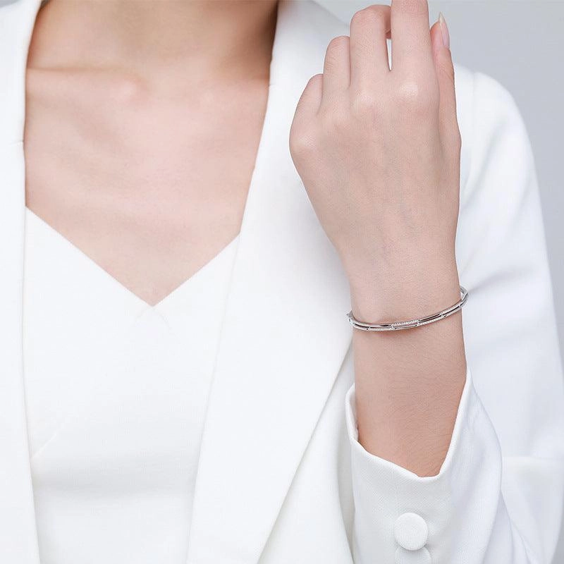 S925 Silver Bracelet Women's Double Layer Line Inlaid With Diamond Opening Collapsible Strap