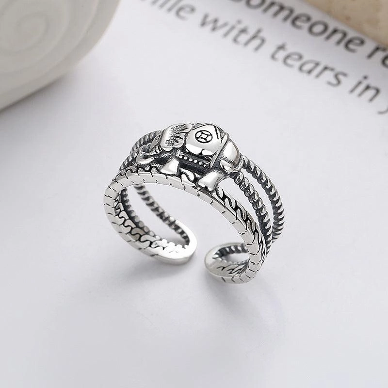 S925 Silver Retro Distressed Copper Coin Lucky Elephant Creative Design Minority Style Ring
