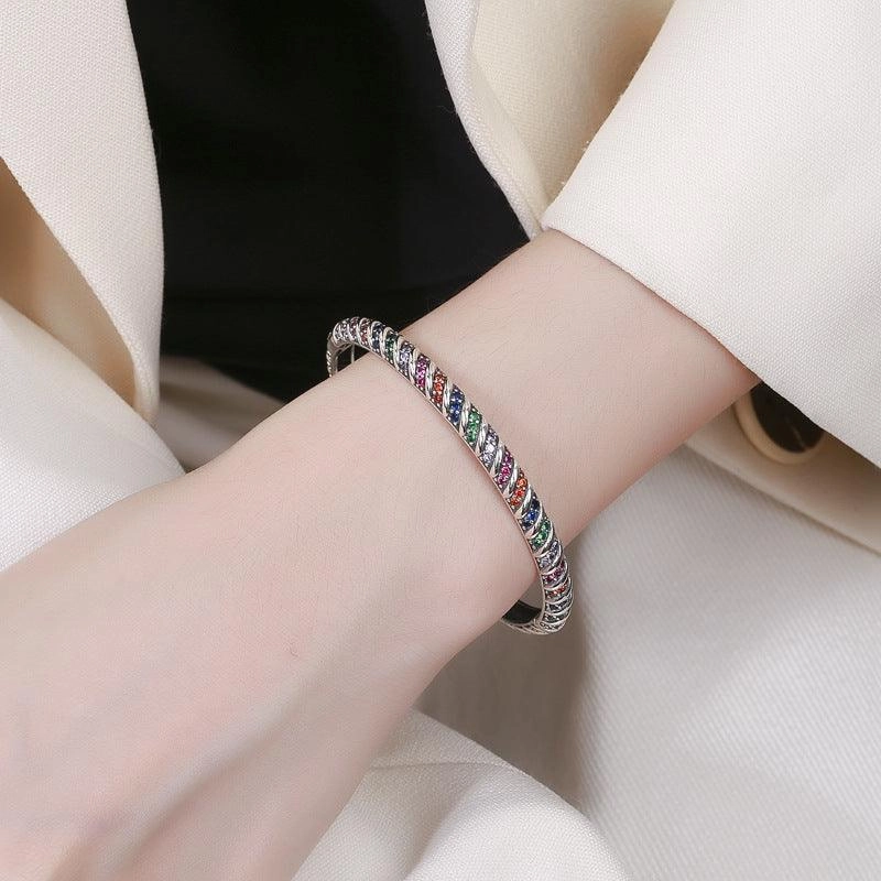 S925 Sterling Silver Geometric Colorful Tribal Elements Diamond Bracelet