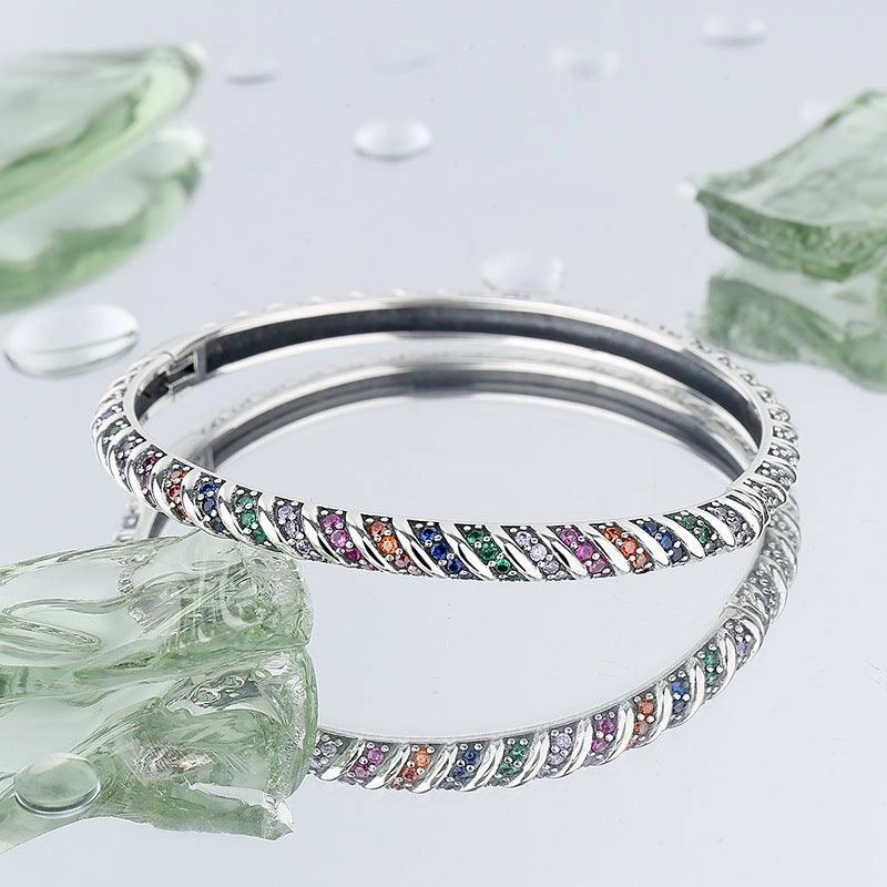S925 Sterling Silver Geometric Colorful Tribal Elements Diamond Bracelet 