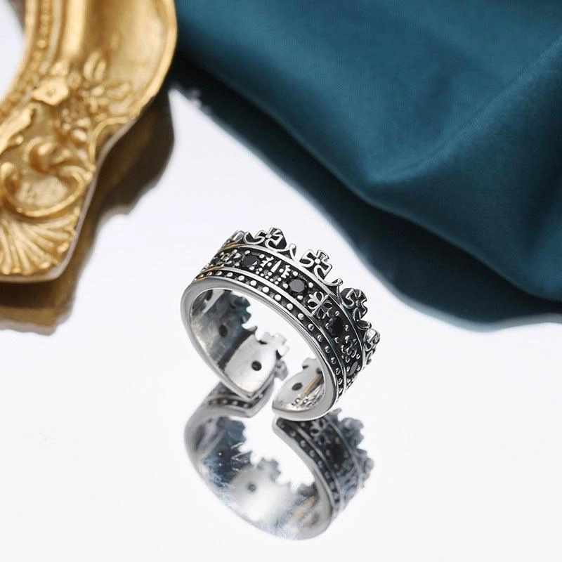 S925 Sterling Silver Inlaid Black Zircon Retro Geometric Adjustable Ring 