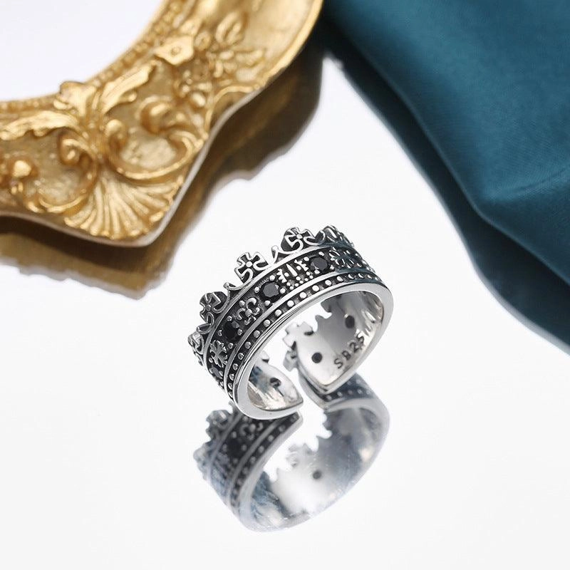 S925 Sterling Silver Inlaid Black Zircon Retro Geometric Adjustable Ring