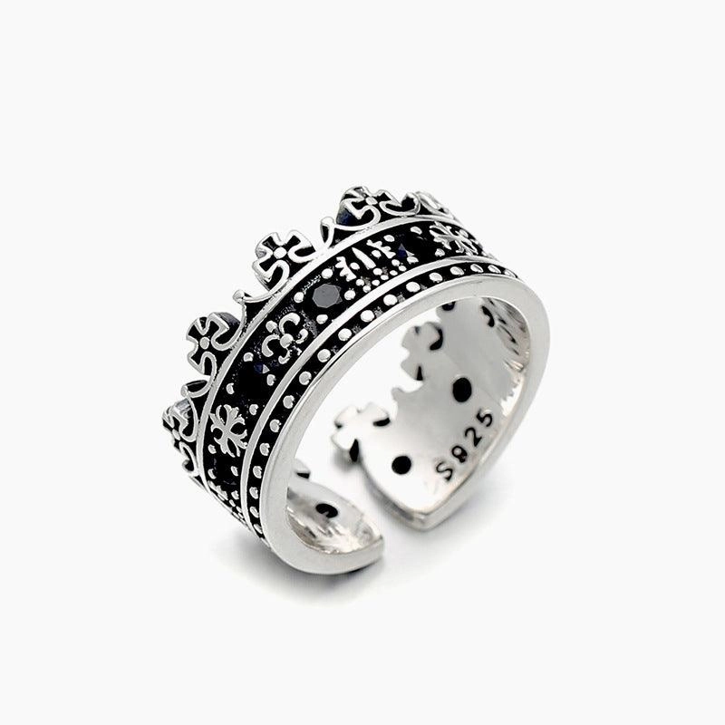 S925 Sterling Silver Inlaid Black Zircon Retro Geometric Adjustable Ring