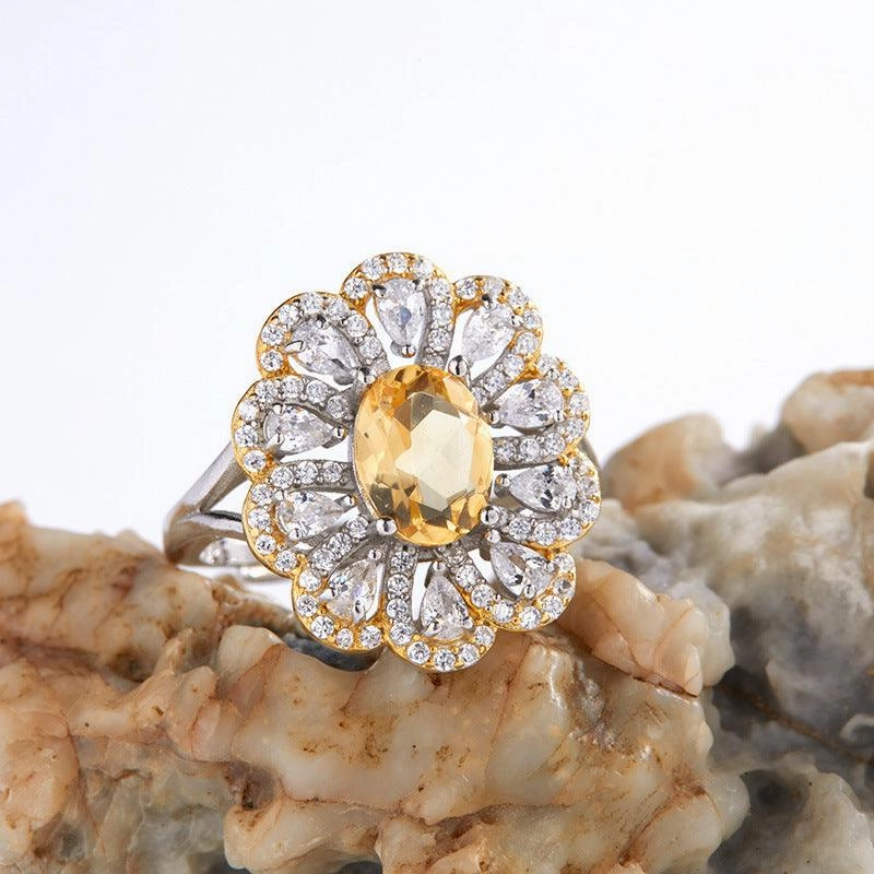 S925 Sterling Silver Inlaid Natural Citrine Flower Ring 