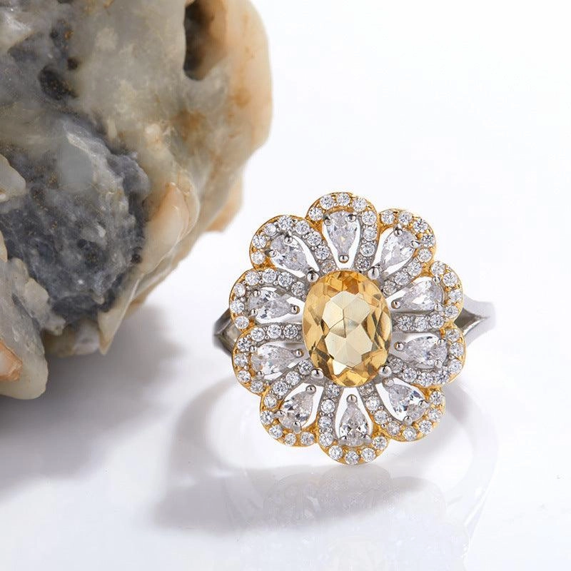 S925 Sterling Silver Inlaid Natural Citrine Flower Ring