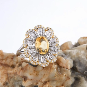 S925 Sterling Silver Inlaid Natural Citrine Flower Ring 