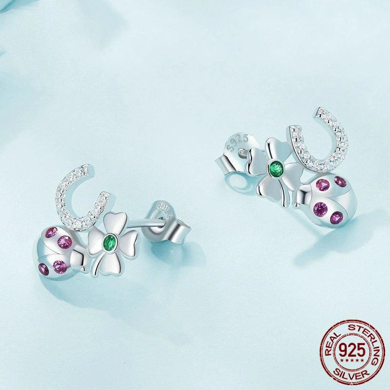 S925 Sterling Silver Lucky Combination Earrings Plated With Platinum Zircon
