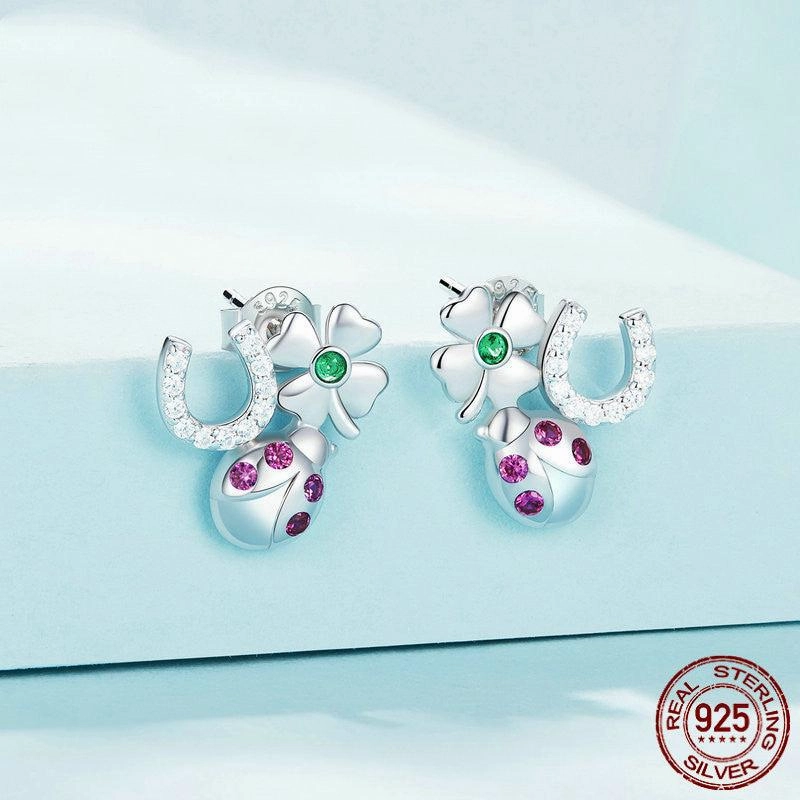S925 Sterling Silver Lucky Combination Earrings Plated With Platinum Zircon