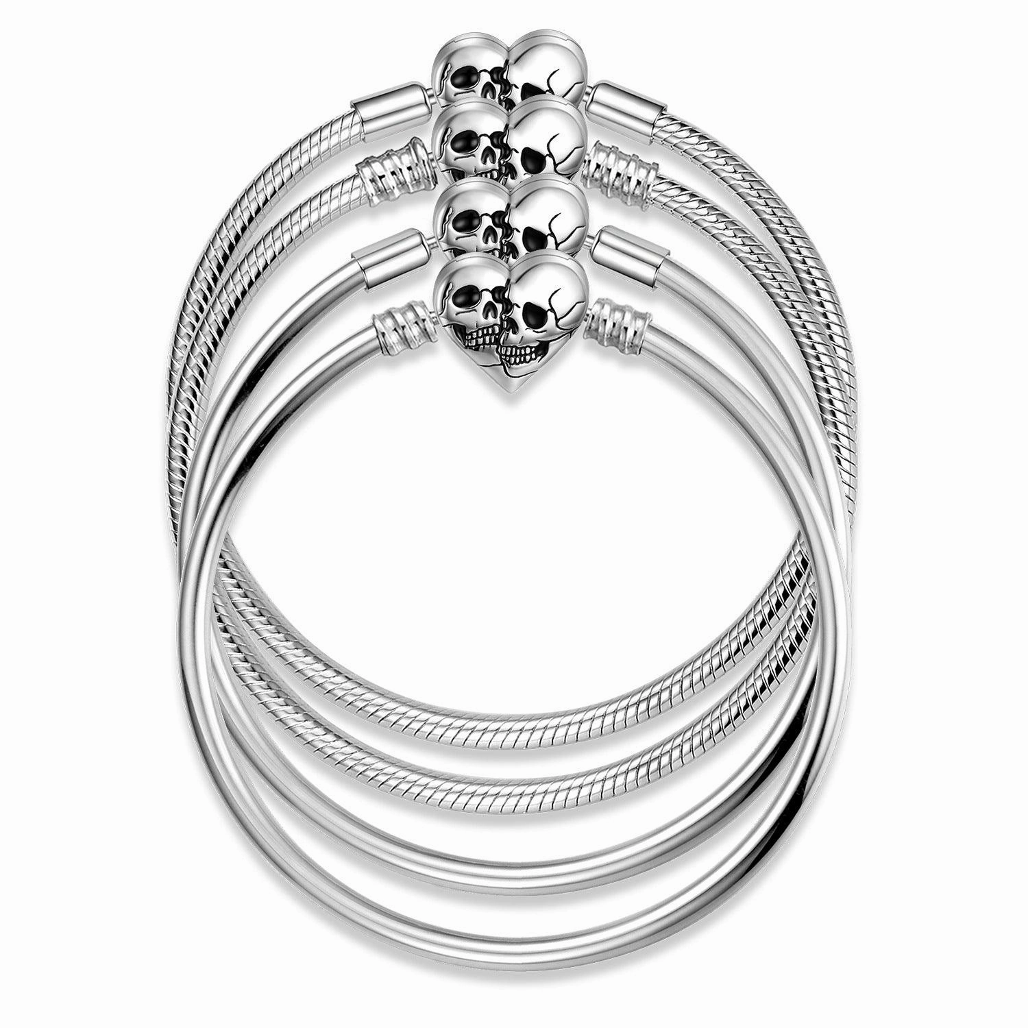 S925 Sterling Silver Snake Bone Chain Bracelet With Double Skull