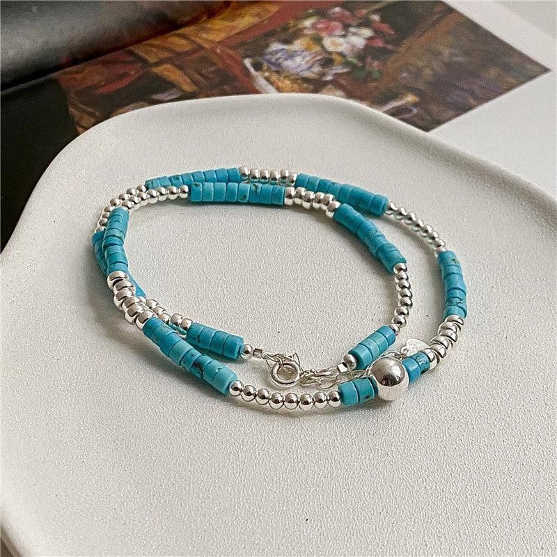 S925 Sterling Silver Turquoise Silver Bead Necklace Handmade