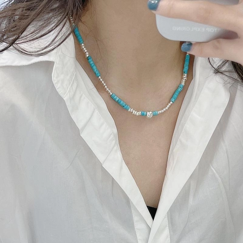 S925 Sterling Silver Turquoise Silver Bead Necklace Handmade