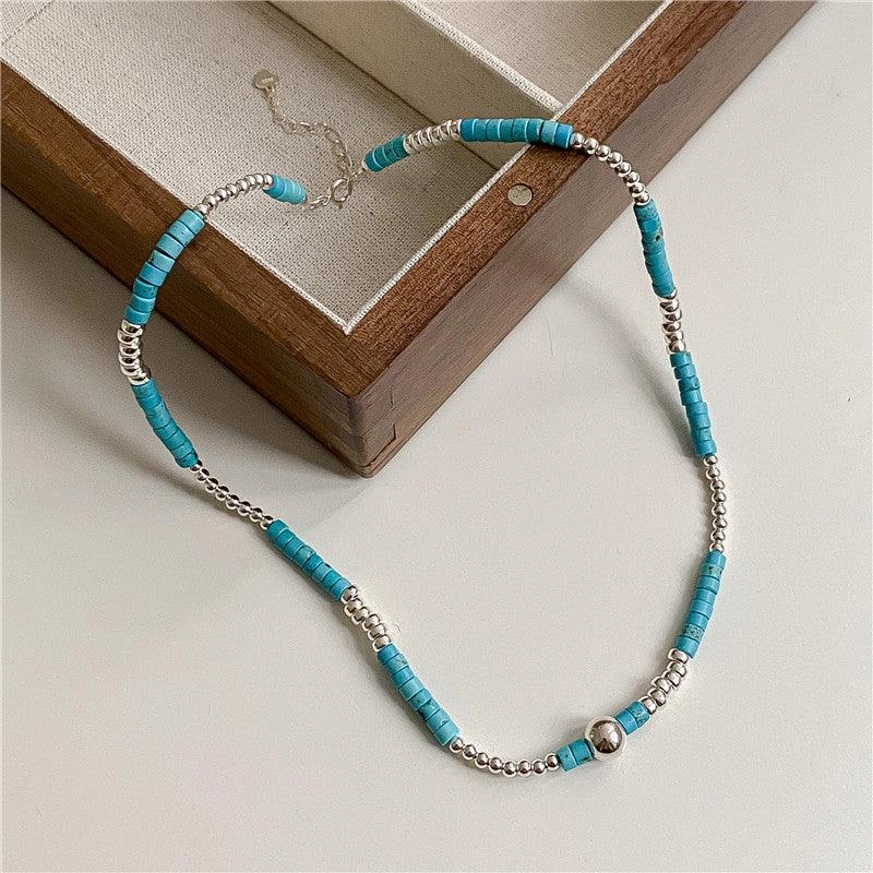 S925 Sterling Silver Turquoise Silver Bead Necklace Handmade