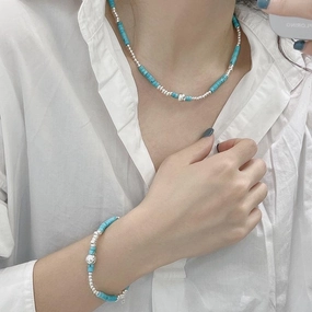 S925 Sterling Silver Turquoise Silver Bead Necklace Handmade 